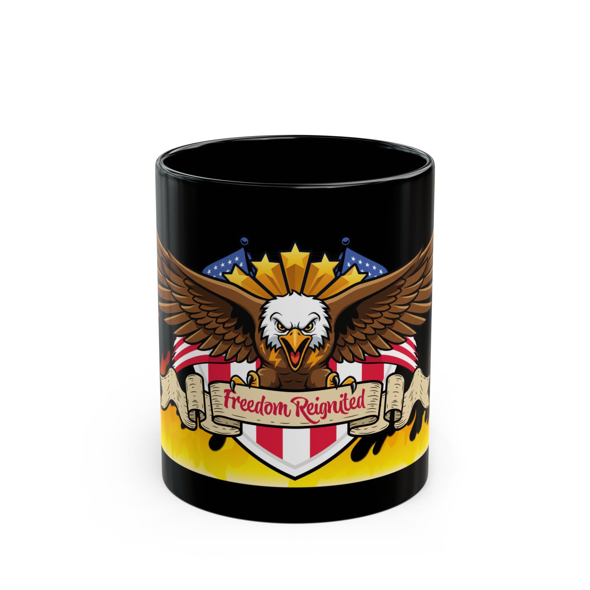 Freedom Reignited Black Mug — Patriotic Eagle Coffee Cup (11oz & 15oz)