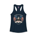 America 250 women’s racerback tank top with American Patriot Born and Bred patriotic design for summer and Fourth of July wear