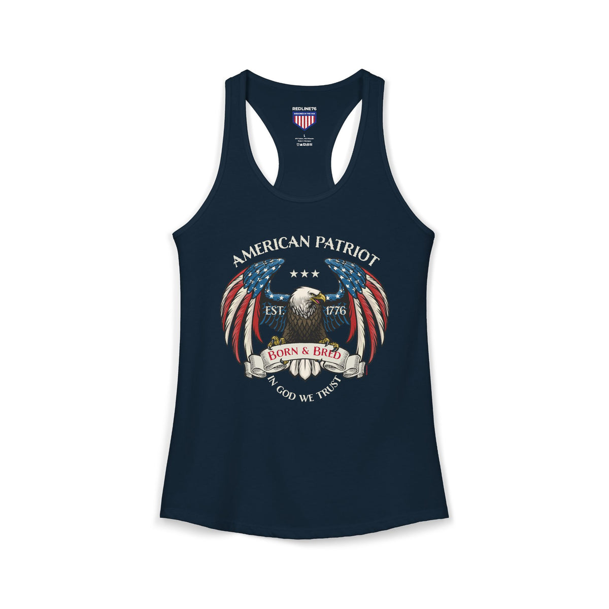 America 250 women’s racerback tank top with American Patriot Born and Bred patriotic design for summer and Fourth of July wear