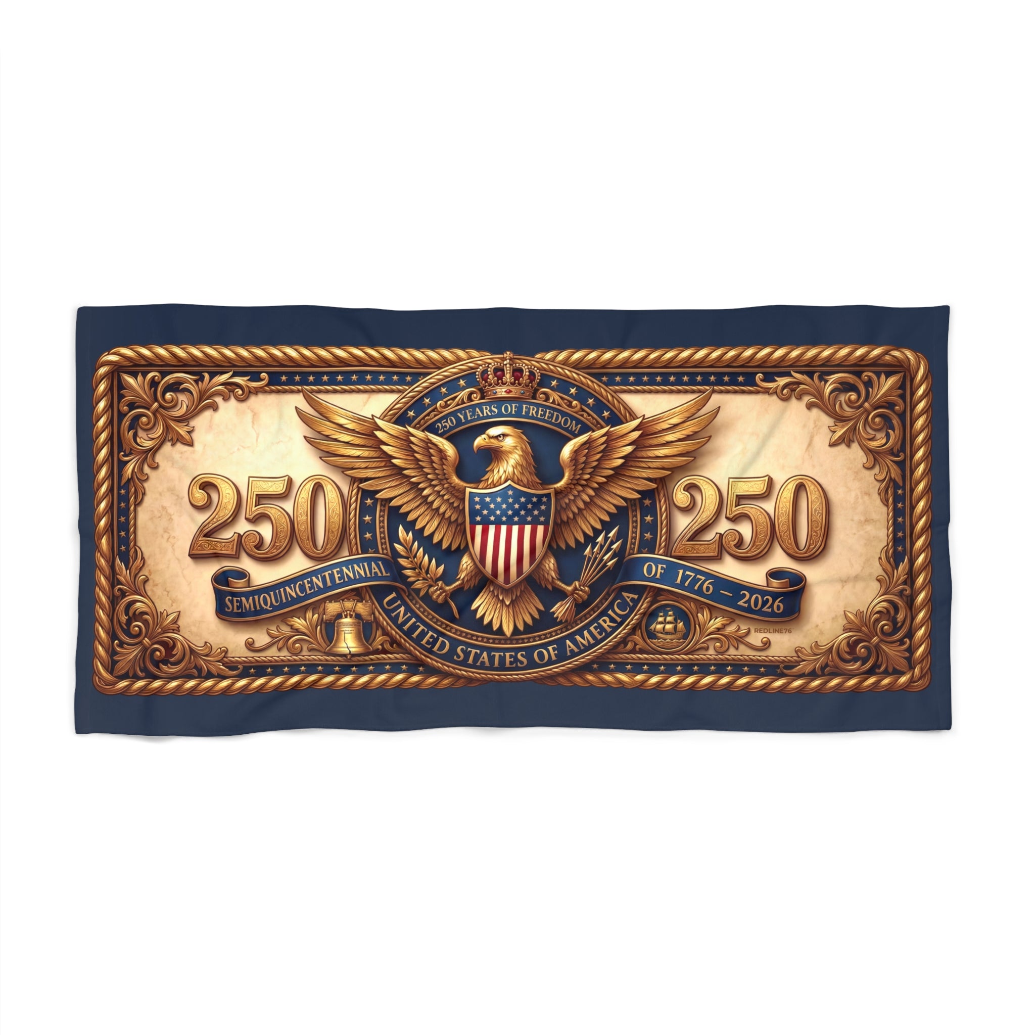 America 250 eagle beach towel with vintage patriotic crest and 1776–2026 design for Fourth of July and summer coastal use