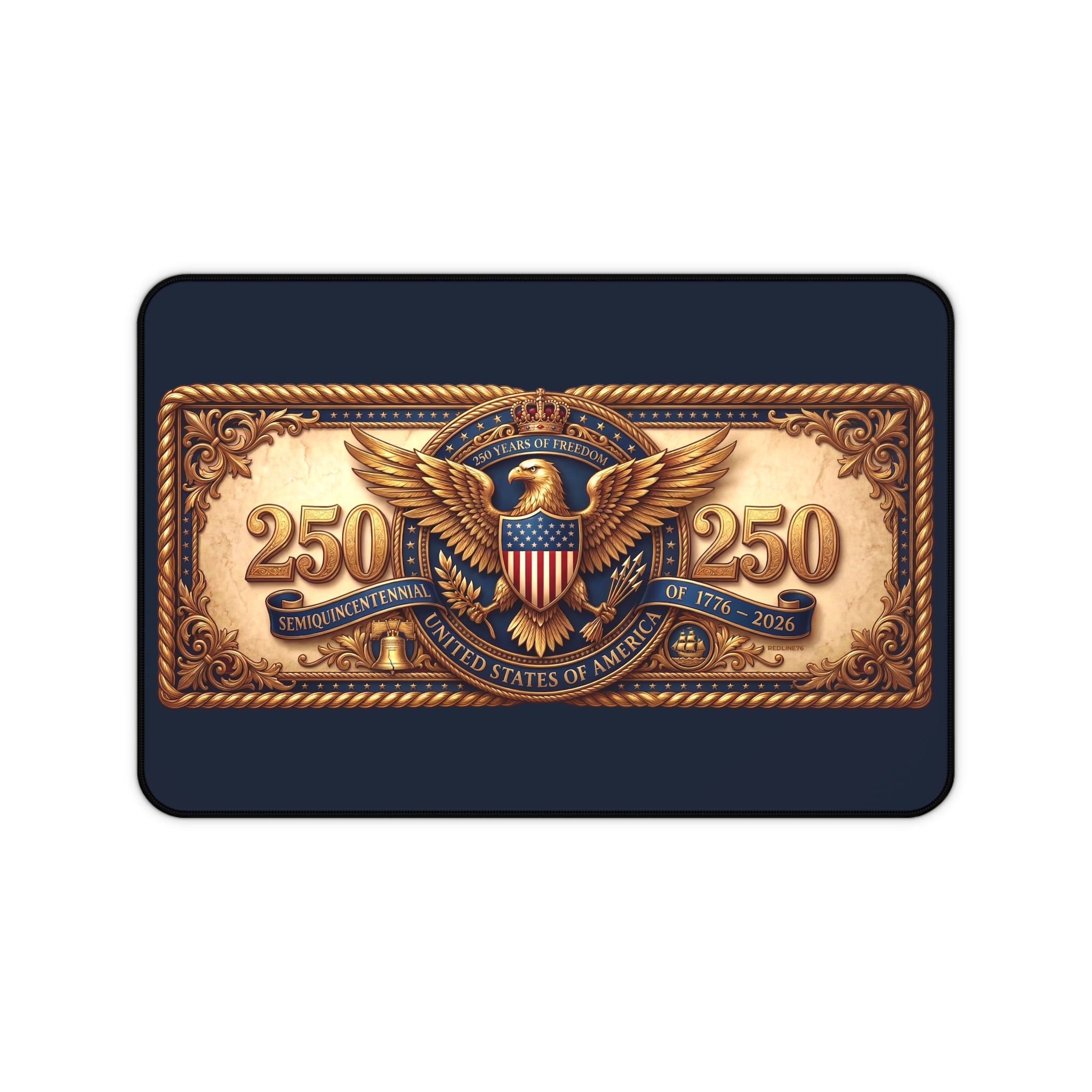 America 250 patriotic desk mat featuring vintage eagle seal design on a blue background with copper accents for 1776–2026 anniversary workspace decor