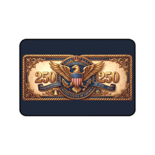 America 250 patriotic desk mat featuring vintage eagle seal design on a blue background with copper accents for 1776–2026 anniversary workspace decor