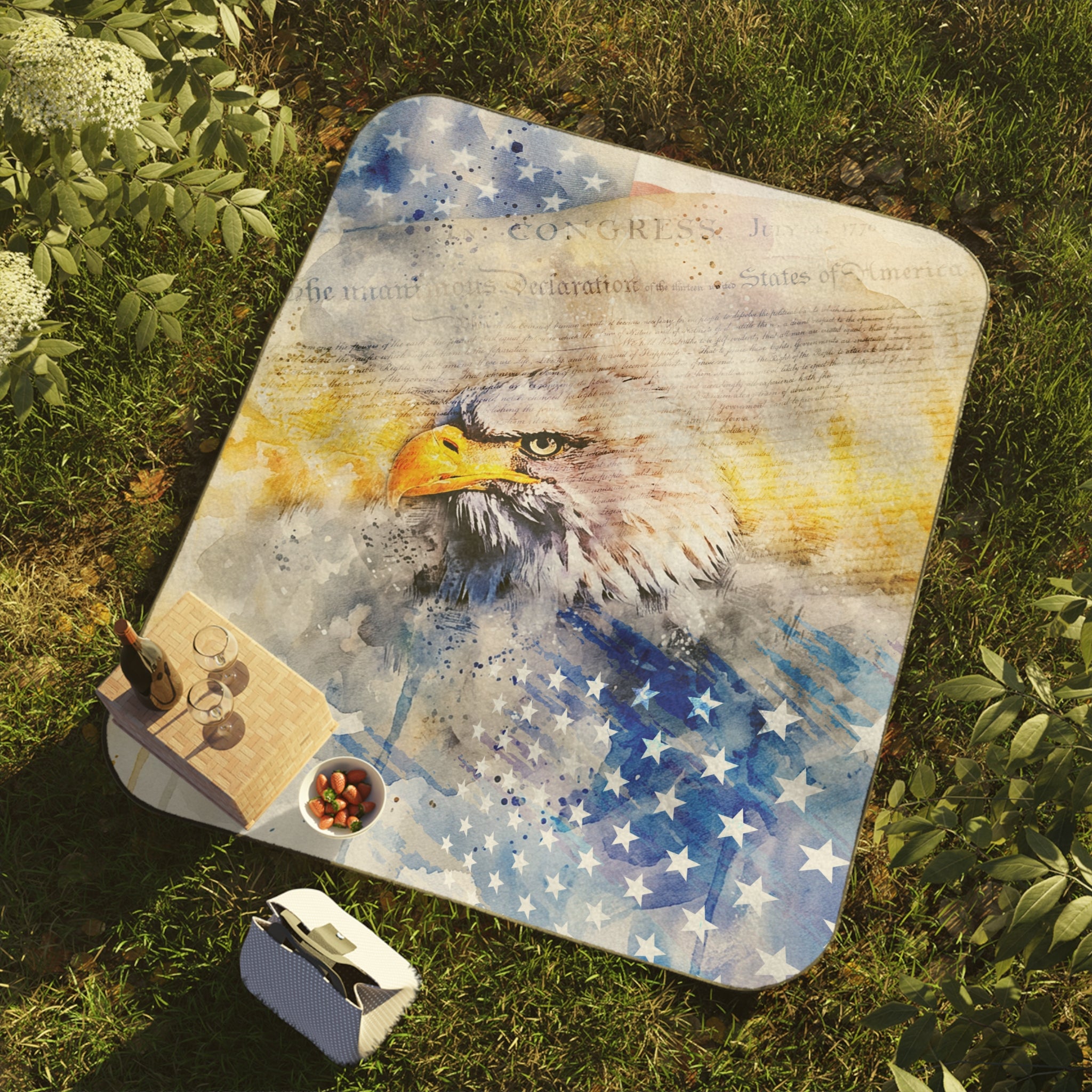 Patriotic Eagle Picnic Blanket – American Flag Watercolor Design