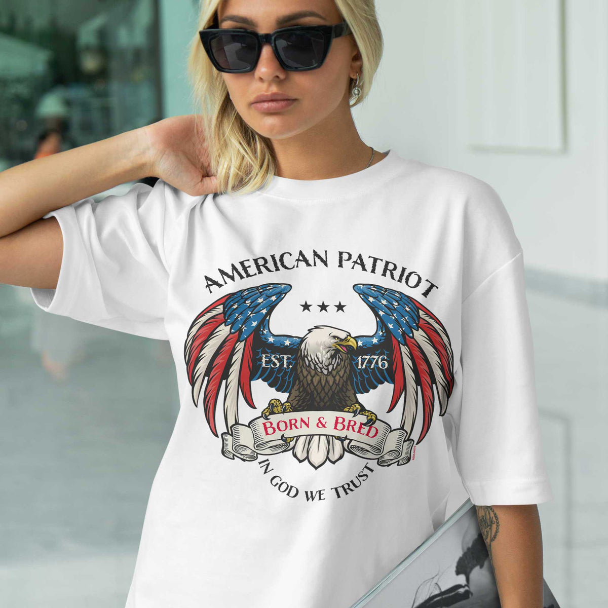 America 250 eagle t-shirt with vintage distressed flag design and Born and Bred patriotic artwork celebrating 1776 to 2026 independence