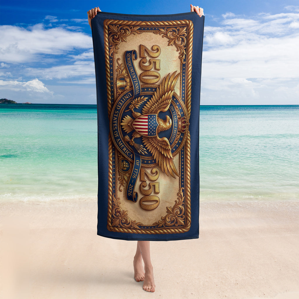 America 250 eagle beach towel with vintage patriotic crest and 1776–2026 design for Fourth of July and summer coastal use
