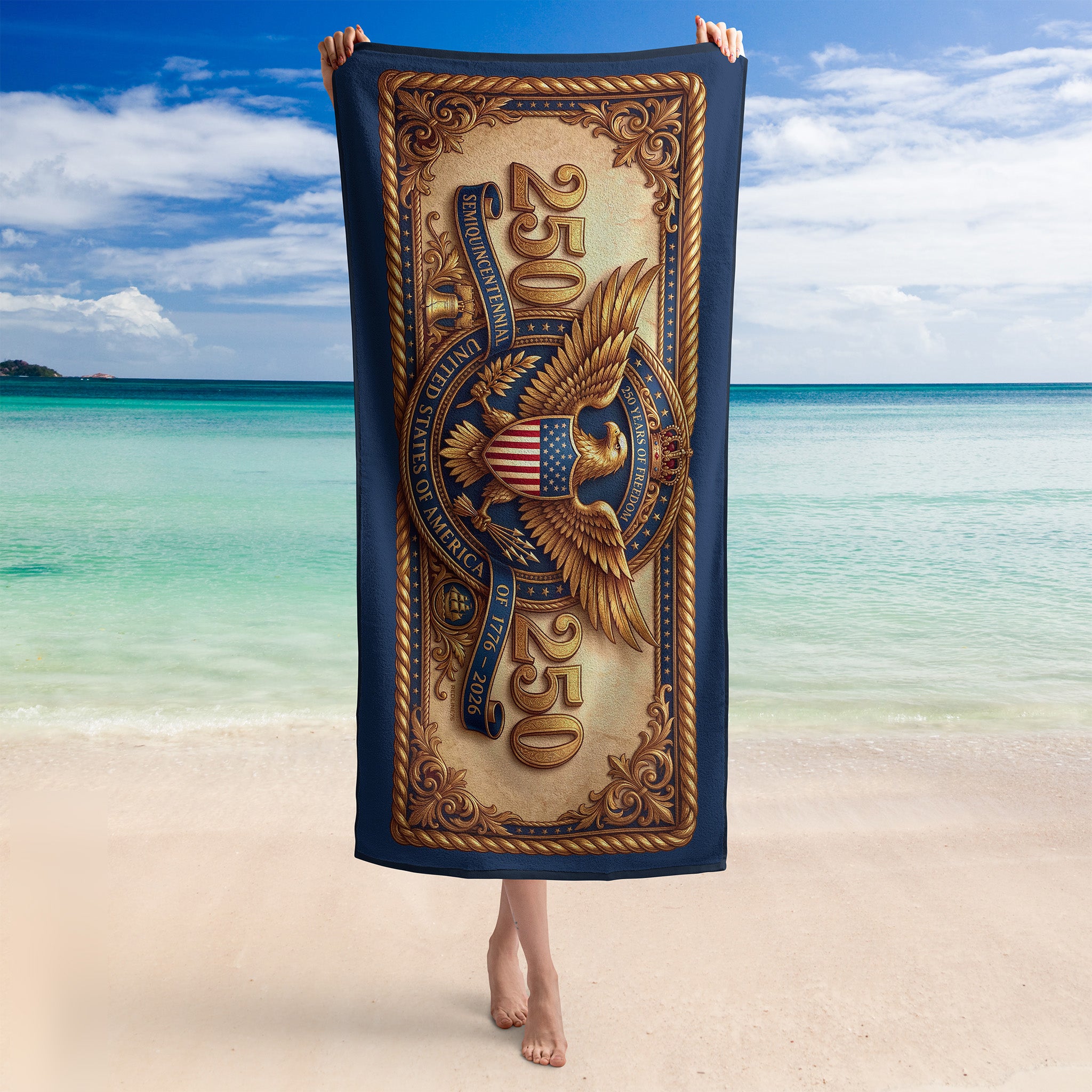 America 250 eagle beach towel with vintage patriotic crest and 1776–2026 design for Fourth of July and summer coastal use