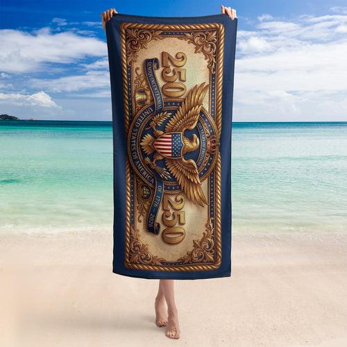 America 250 eagle beach towel with vintage patriotic crest and 1776–2026 design for Fourth of July and summer coastal use